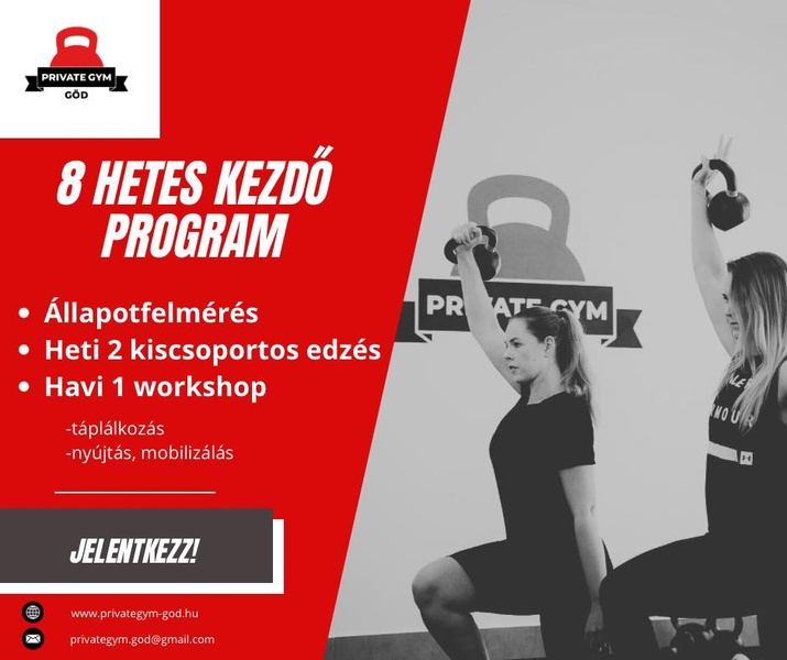A structured 5:4 ad creative promoting an 8-week kettlebell fitness program using high-contrast red and black-and-white photography.